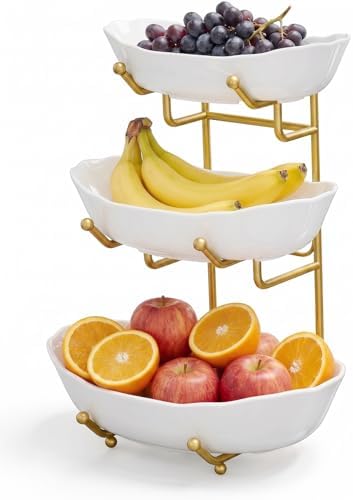 3 Tier Ceramic Fruit Bowl for Kitchen Counter, Fruit Basket with Stand