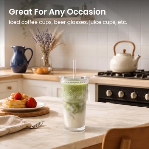 INSETLAN 20 oz Iced Coffee Cups with Lids and Straw, Set of 4 Glass