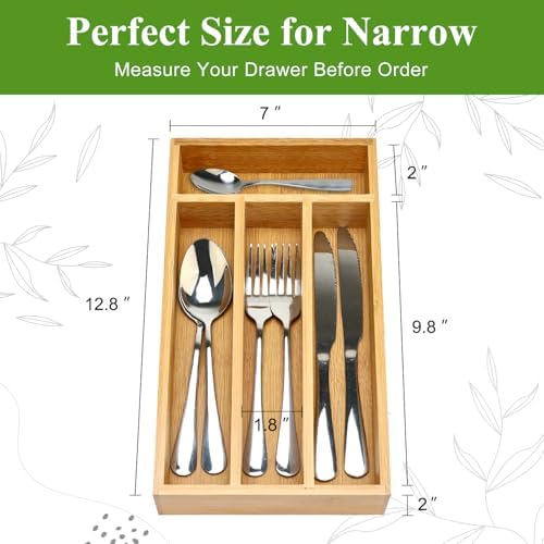 Bamboo Skinny Silverware Drawer Organizer Small Spoon Fork Cutlery