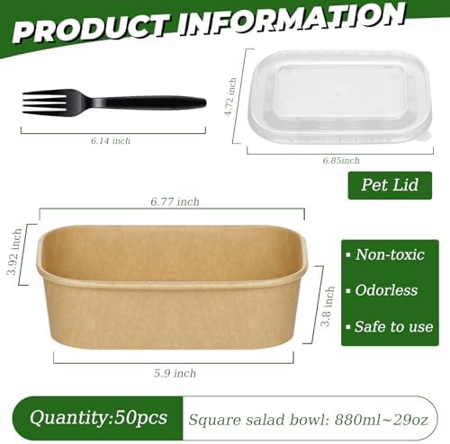 50 Disposable Meal Prep Containers 29oz Kraft Paper Bowls with Lids &
