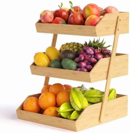 3 Tier Fruit Basket - Bamboo Fruit Bowl for Kitchen Counter, Large Tiered Storage for Bread Snacks Veggies, Durable & Easy to Assemble Stand for Countertop Organizer