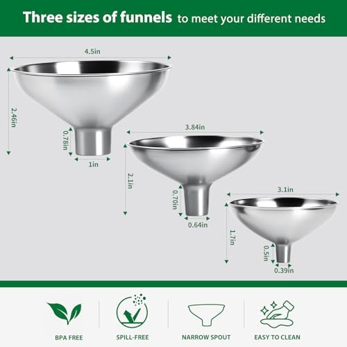 3-Piece Stainless Steel Kitchen Funnel Set, Includes 3 Sizes for