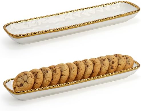 SOUJOY 2 Pack Porcelain Cracker Tray with Gold Pearl Edge, 14 Inch