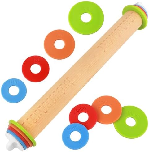 Wood Rolling Pin with Thickness Rings, Adjustable Wooden Rolling Pins