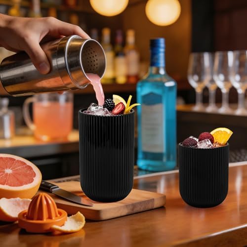 Black Ribbed Drinking Glasses Set of 12, 14 Oz Highball Glasses &