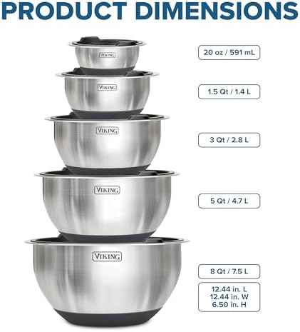 Viking Mixing Bowls Set, 10 Piece Stainless Steel Kitchen Cookware, Non-Slip Silicone Base, Includes Tight Fit Lids, Dishwasher Safe, Black