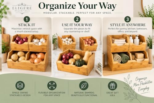 3 Piece Stackable Bamboo Pantry Storage Bins, Potato and Onion