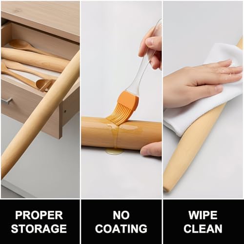 Rolling Pin and Silicone Baking Mat Set, Non-Stick Beech Wood Rolling
