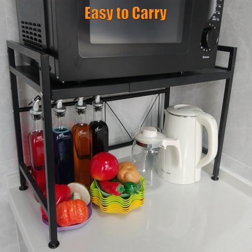 Extendable Microwave Oven Stand, 2-Tier Organizer with 6 Hooks