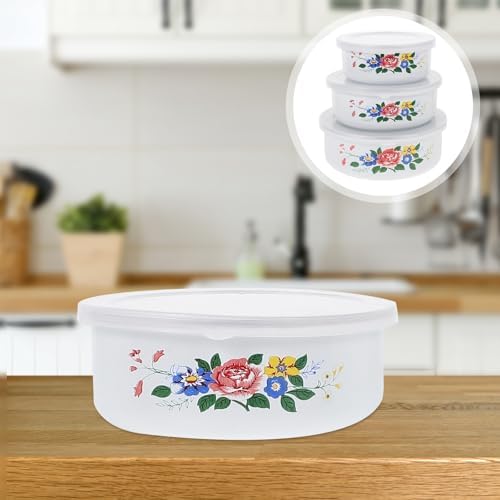 SUPVOX 3Pcs Vintage Enamel Nesting Bowls with Lids, Floral Print Food