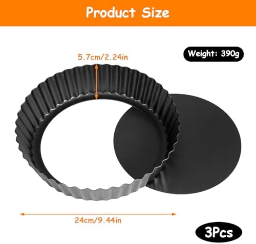 3 PCS Pie Pan with Removable Bottom 9.5 Inch Non Stick Carbon Steel