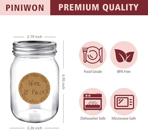 PINIWON 16 oz Mason Jars, 15 Pack