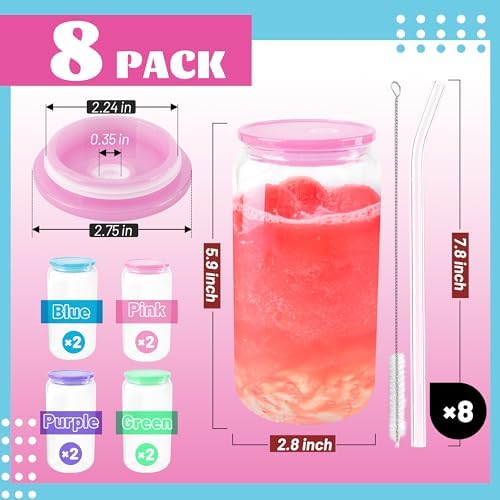 Joyclub 8pcs 16Oz Glass Cups with Acryic Lids and Straws Drinking