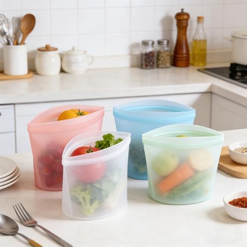 Stand-Up Silicone Food Storage Bags with Pinch-Seal Closure, 4-Pack
