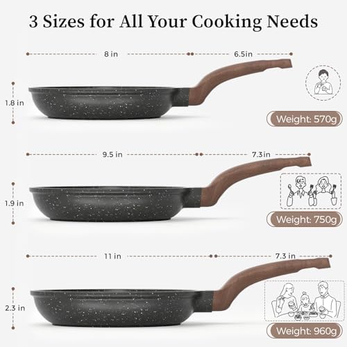 YASHE 3Pcs Granite Nonstick Frying Pan Set(8/9.5/11 inch) Induction Ready