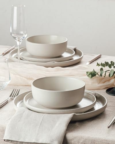 Famiware Milkyway 24-Piece Stoneware Dinnerware Set, Matte Beige White