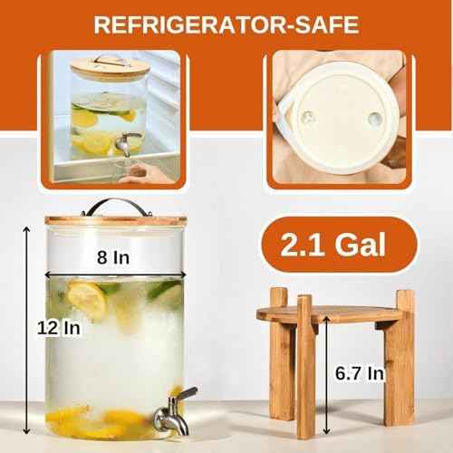 2.1-Gallon Glass Beverage Dispenser with Bamboo Stand and Lid
