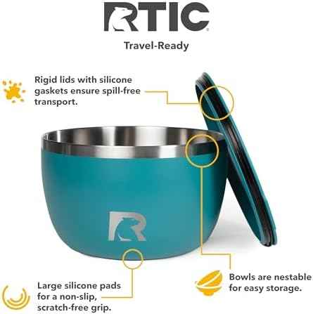 RTIC Anywhere Stainless Steel Bowl Set Of Two, Camping Bowls With Lids, Vacuum Insulated, Stackable Durable Outdoor Dinnerware, Non Slip, Dishwasher Safe, Dinner Outside, Campfires Travel, Deep Harbor