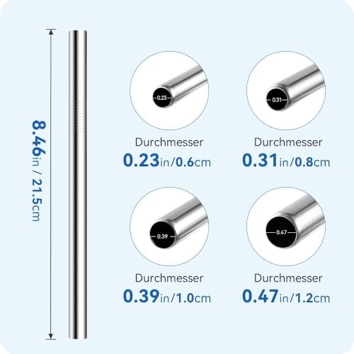 Stainless Steel Straw Set 215mm(8.5") Long, 0.24"/0.31"/0.39"/0.5"
