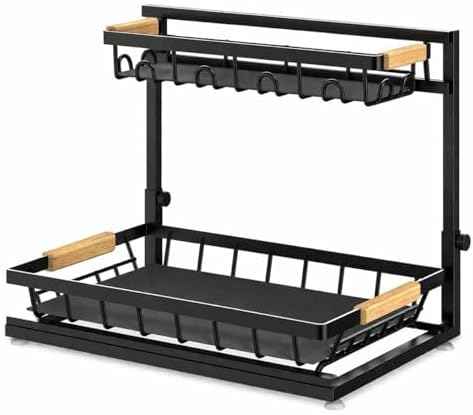 L-Shaped Adjustable 2-Tier Under Sink Organizer – Sliding Metal Storage Shelf for Kitchen & Bathroom Cabinets (Black)