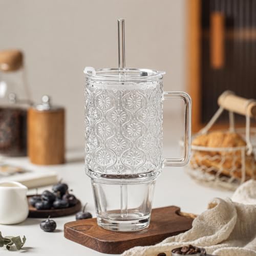KEMORELA 24oz Ribbed Glass Tumbler with Handle & Lid, Iced Coffee Cups