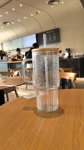 32oz Ribbed Borosilicate Glass Tumbler with Handle, Bamboo Lid and