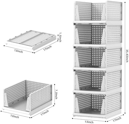 5 Packs Stackable Plastic Storage Basket for Closet Foldable Closet
