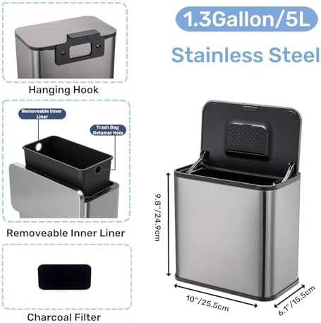 1.3 Gallon/5L Hanging Small Trash Can, Stainless Steel Garbage Can