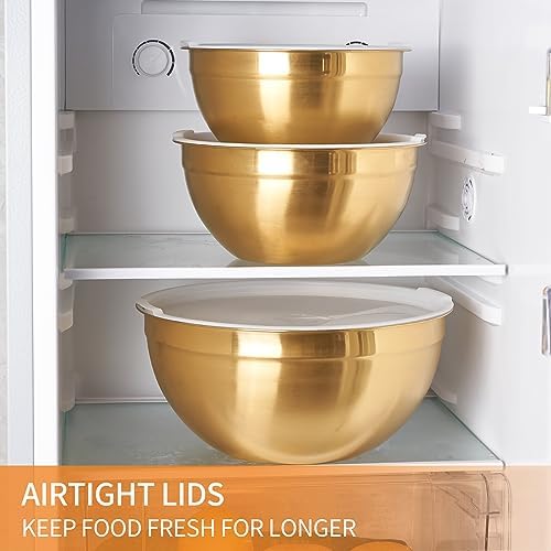 Gold Mixing Bowls with Airtight Lids, Stainless Steel Nesting Mixing