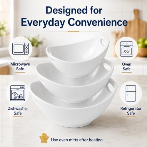 White Ceramic Serving Bowls with Handles, Set of 3, 15-49 oz