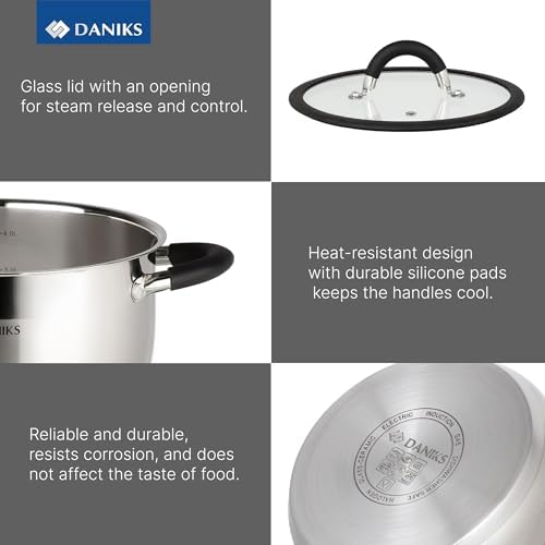 Daniks Orlando 10-Piece Stainless Steel Cookware Set with Glass Lids, Includes Saucepan, Tri-Ply Bases for Even Heating, Induction Compatible, Dishwasher Safe, Heatproof Handles