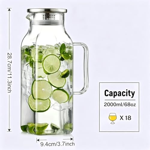 2 Pack 2 Liters/68 oz Square Glass Pitcher with Lid and Handle, Glass