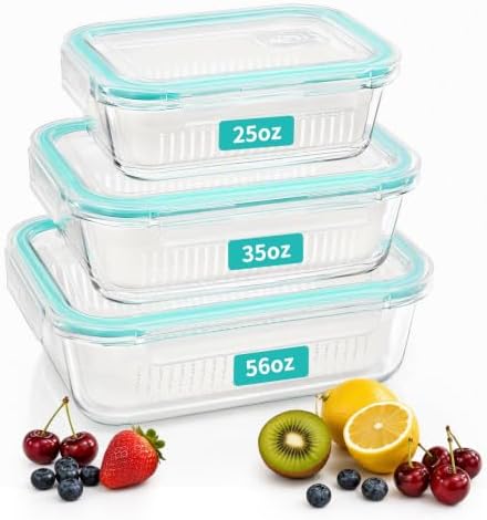 3 Pack Glass Fruit Storage Containers for Fridge with Lids