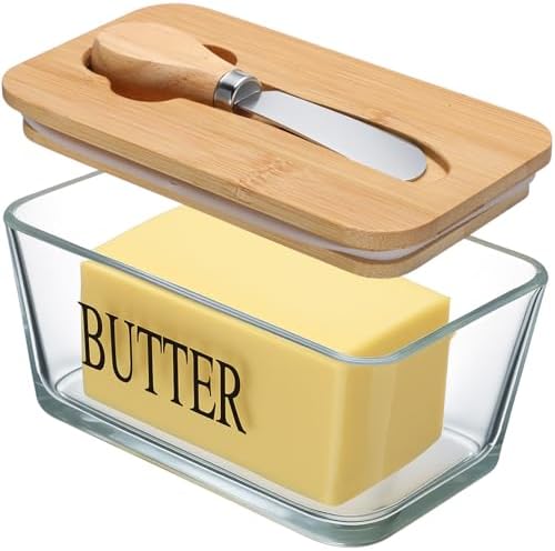 Glass Butter Dish with Bambo Lid and Knife, Airtight Butter Keeper for