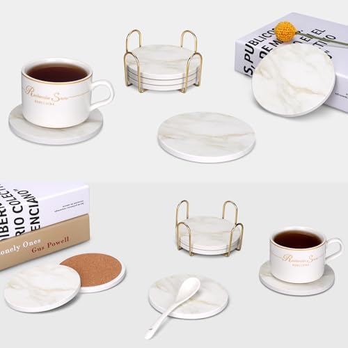 White Marble Style Ceramic Coasters Set of 6 with Holder Absorbent
