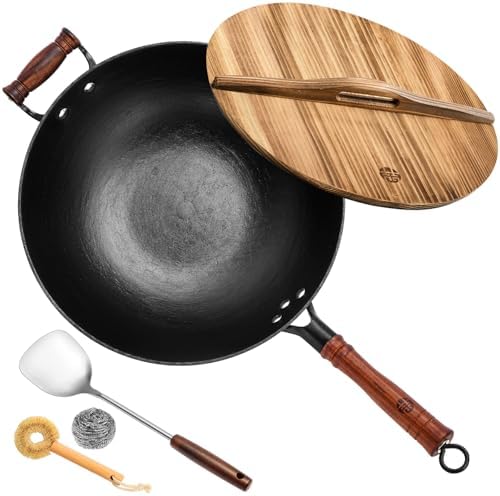 WANGYUANJI 13.4 Inch Cast Iron Wok Pan with Lid, Flat Bottom Uncoated Stir Fry Skillet, Heavy Duty Chinese Iron Pot for Family Cooking, Induction & Gas Stoves Compatible