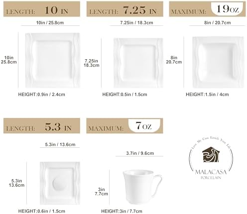 MALACASA 30 Pieces Dinnerware Sets, Modern Ivory White Plates and Bowls Sets for 6, Porcelain Dish Set with Dinner Plate, Dessert Plate, Soup Plate, Cup and Saucer, Square Dishware Set, Series Mario