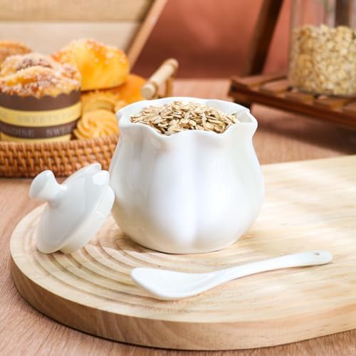 Ceramic Sugar Bowl with Lid and Spoon, Flower-Shaped Porcelain Salt