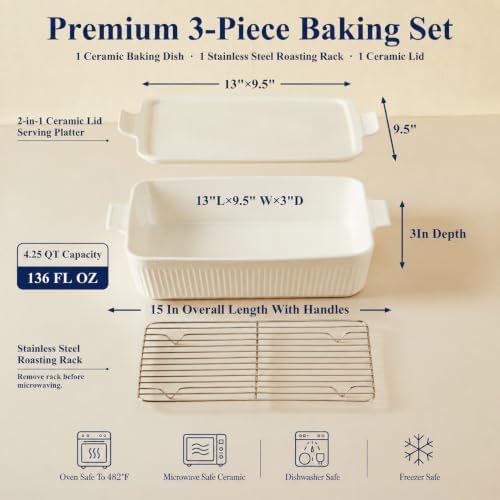 Frewinky 9x13 Ceramic Baking Dish with Lid and Roasting Rack, White