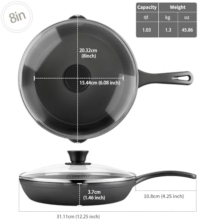 8 Inch Cast Iron Skillet with Glass Lid, Pre-Seasoned Frying Pan