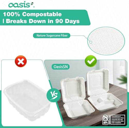 8x8 Inch 68 Pack 3-Compartment Clamshell Take Out Food Containers