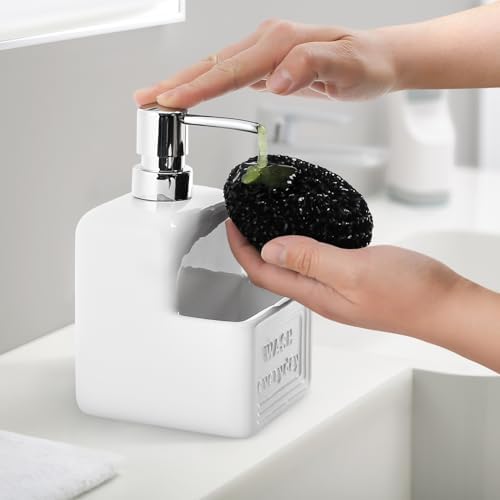 RQYIXI Ceramic Soap Dispenser with Sponge Holder, White, 15 Oz