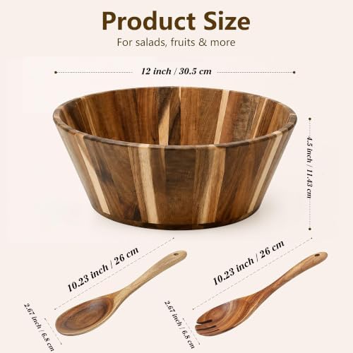 Wooden Salad Bowls, Large Acacia Wood Serving Bowl with Utensils