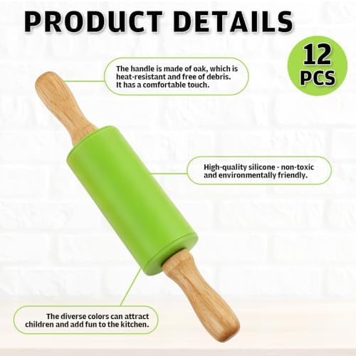 12 Pack 9 Inch Mini Silicone Rolling Pin for Kids Wooden Handle