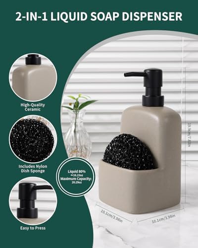 BosilunLife Ceramic Soap Dispenser with Sponge Holder, 20oz