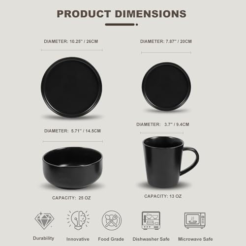 EWFEN Plates and Bowls Sets, 32 Pieces Ceramic Dinnerware Set for 8, Stoneware Dishware Dishes Set, Scratch Resistant Dishes Set, Dishwasher & Microwave Safe, Black