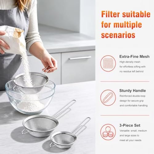 Walfos Fine Mesh Strainers Set, Premium Stainless Steel Colanders and