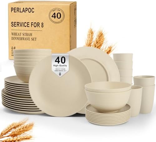 Dinnerware Sets 40 PCS Wheat Straw Plates and Bowls Sets With Cups