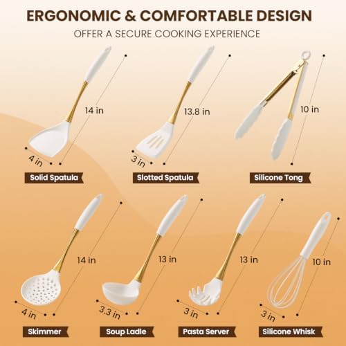 7 Pcs Silicone Spatula Cooking Utensils Set, White Gold