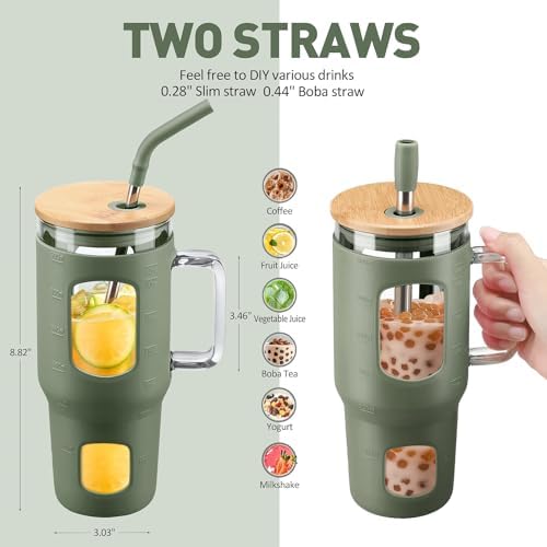 WINSA Glass Tumbler with Lid, 32 oz Glass Cup with Handle, Glass Water